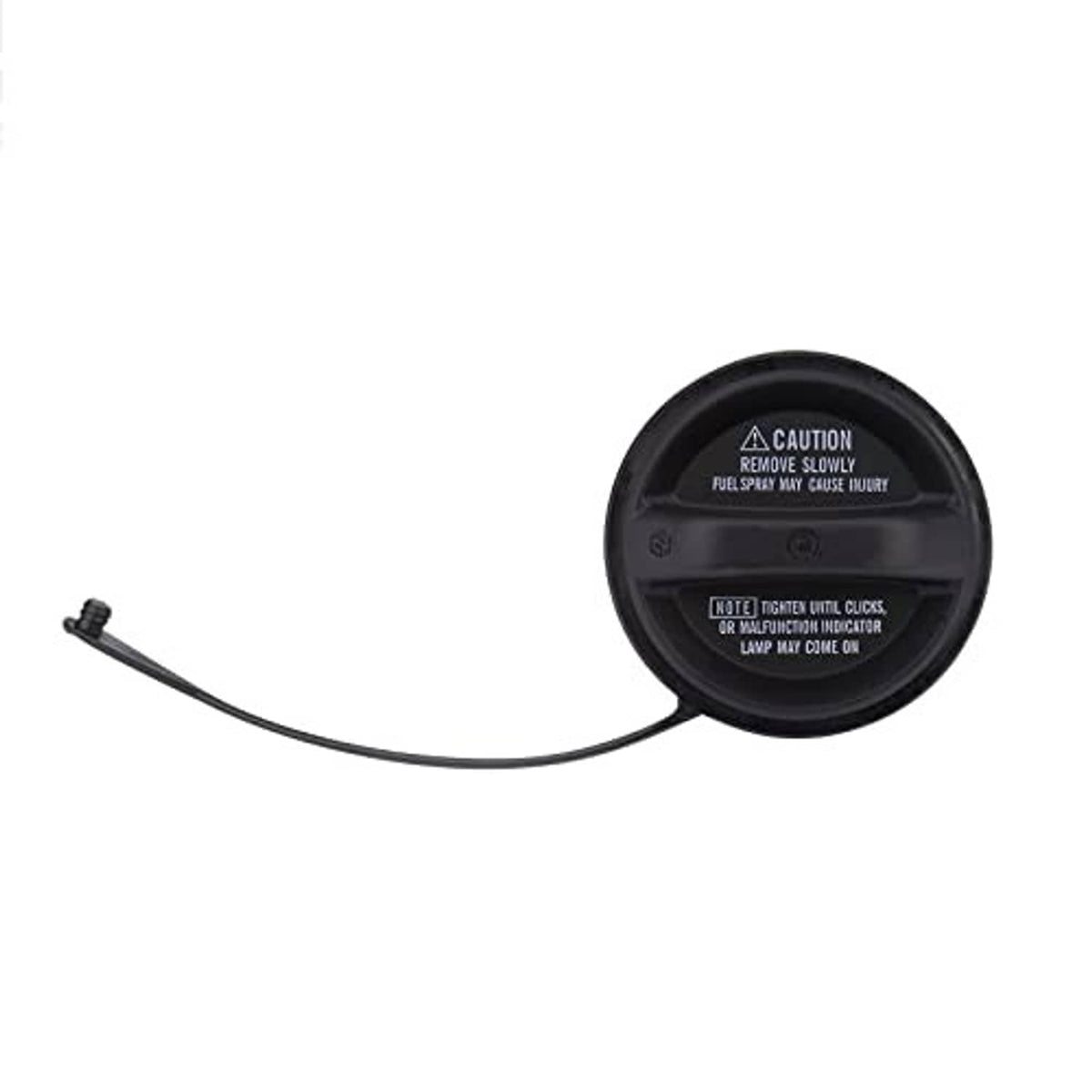 Black fuel tank filler cap with warning text and attached hose