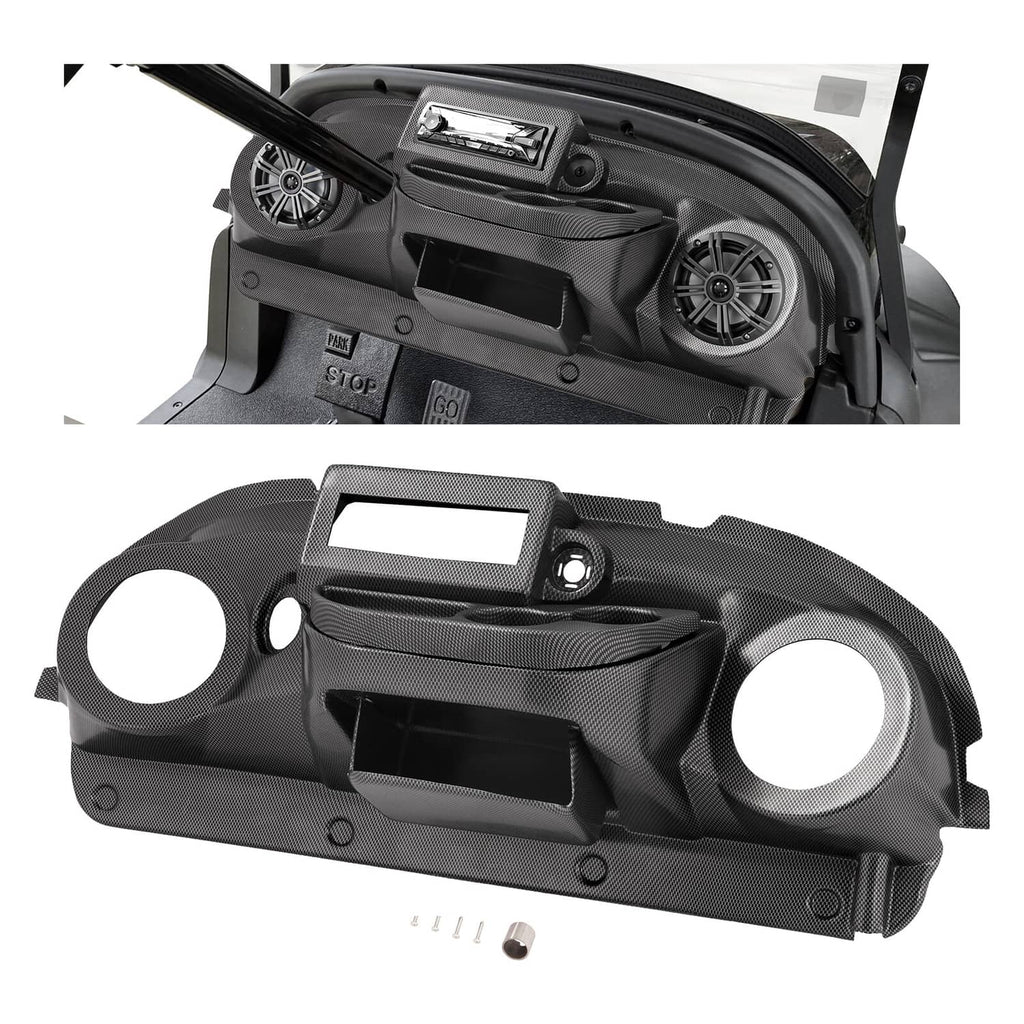 Golf cart radio dash cover in dark carbon-fiber style with speaker cutouts and center opening.