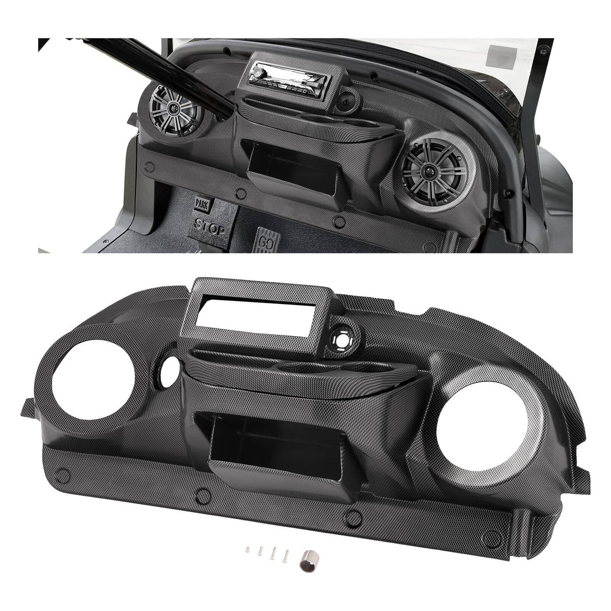 Golf cart radio dash cover in dark carbon-fiber style with speaker cutouts and center opening.
