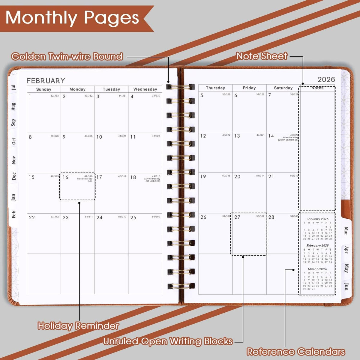 Open twin-wire planner with monthly calendar layout, note sheet, and writing blocks.