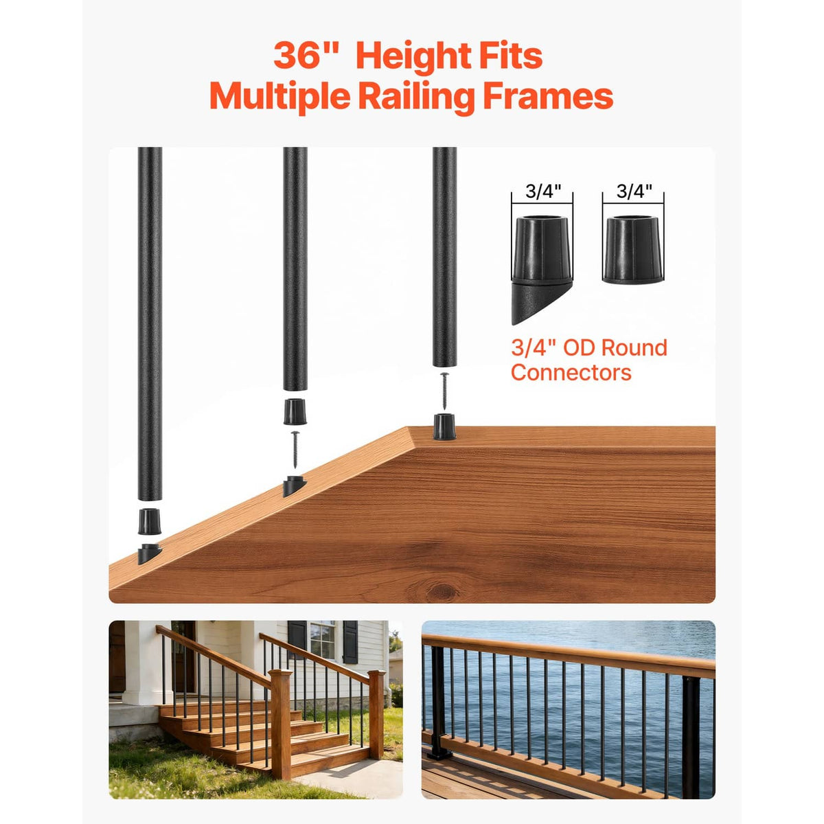 Black aluminum deck balusters with 3/4 in round connectors, 36 in height fit