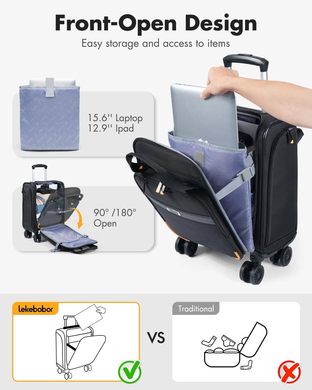 Black softside suitcase with front-open compartment for laptop and tablet storage