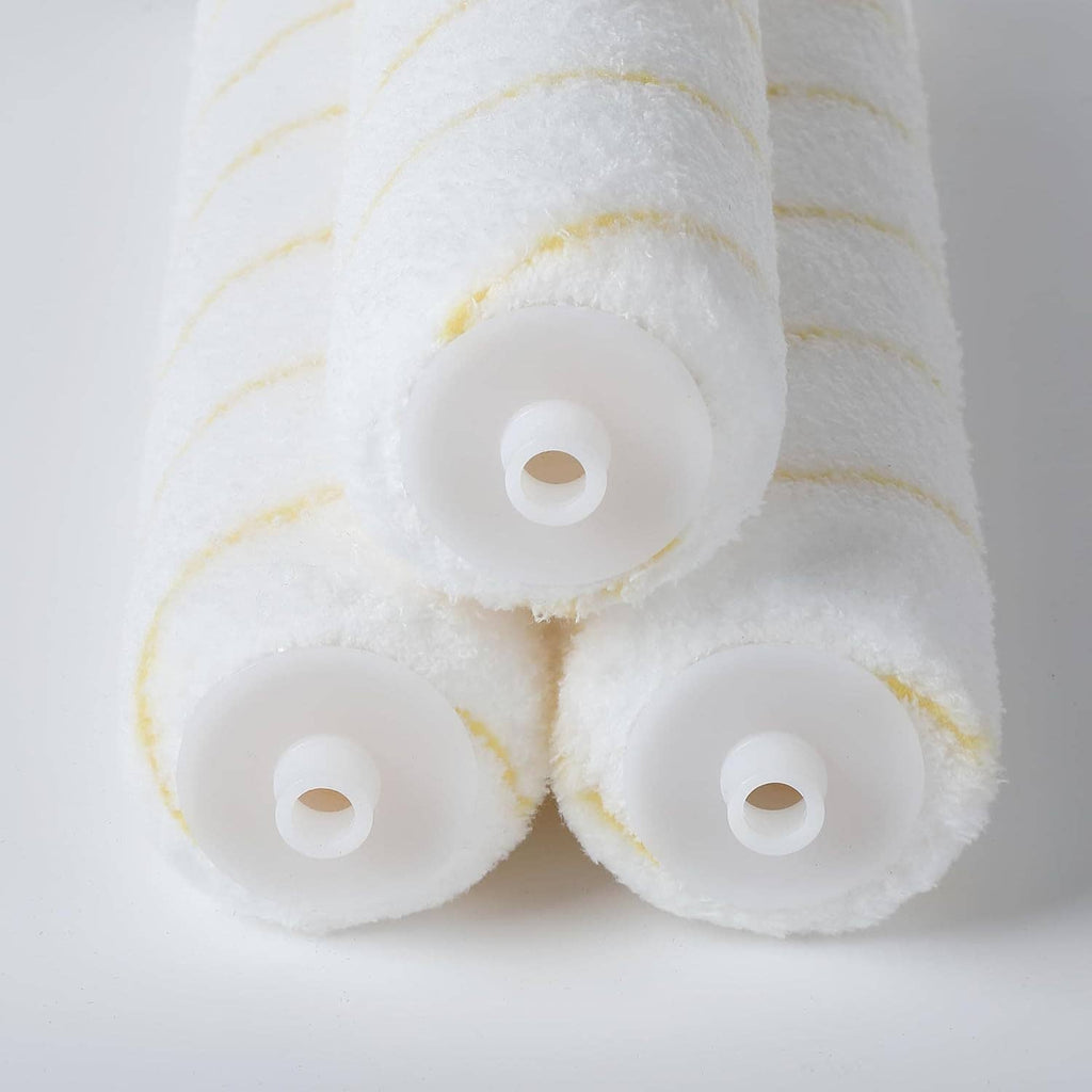 3-pack microfiber paint roller covers, white with yellow stripe lines, roll ends exposed