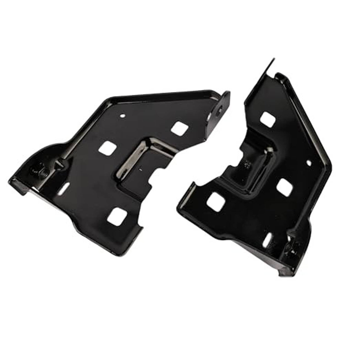 Front bumper bracket pair, black metal plates with square holes and curved mounting tabs.