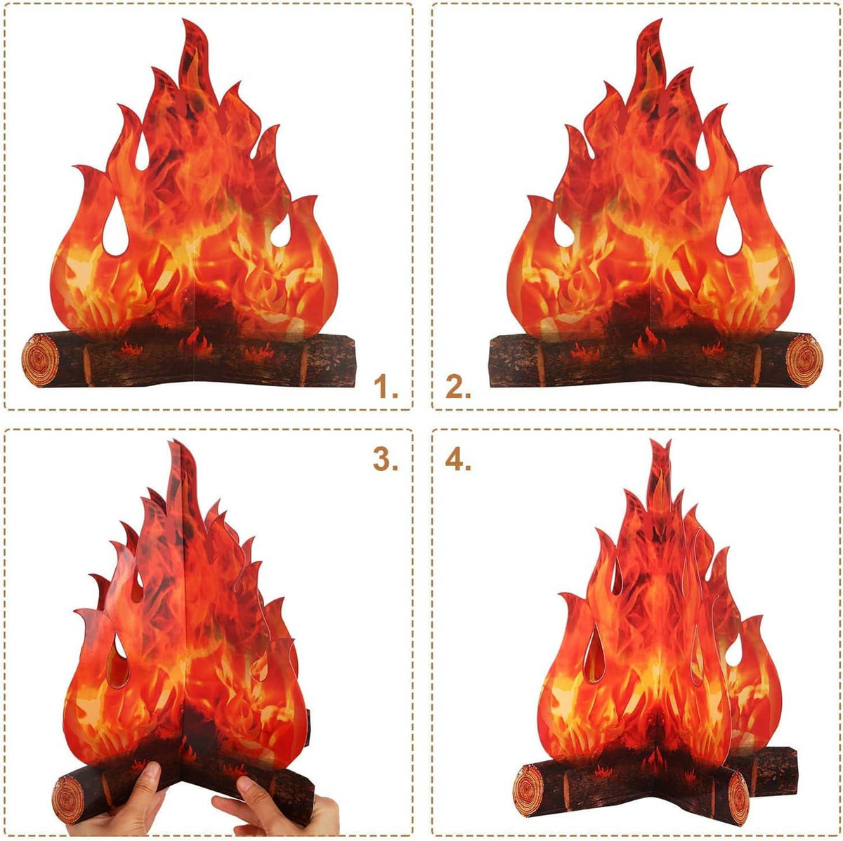 Set of 3D fake campfire flames on log bases, four style angles shown