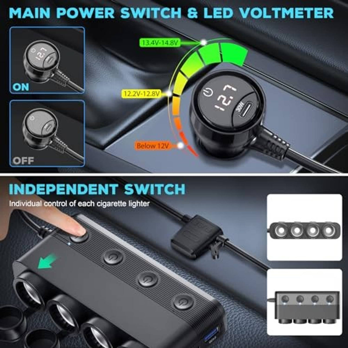 Car cigarette lighter charger splitter with main power switch, LED voltmeter, and side controls