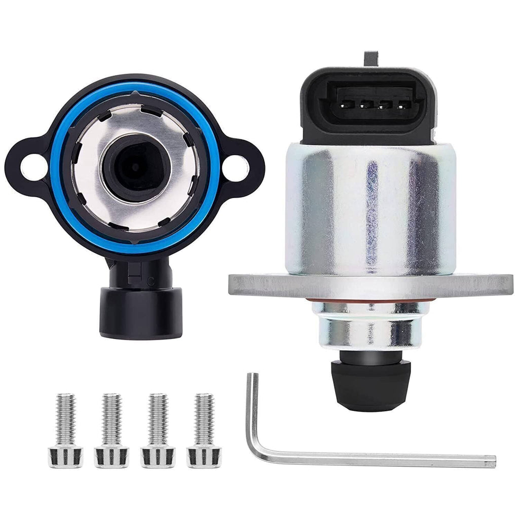 Idle air control valve with blue ring sensor connector, silver housing, and screws