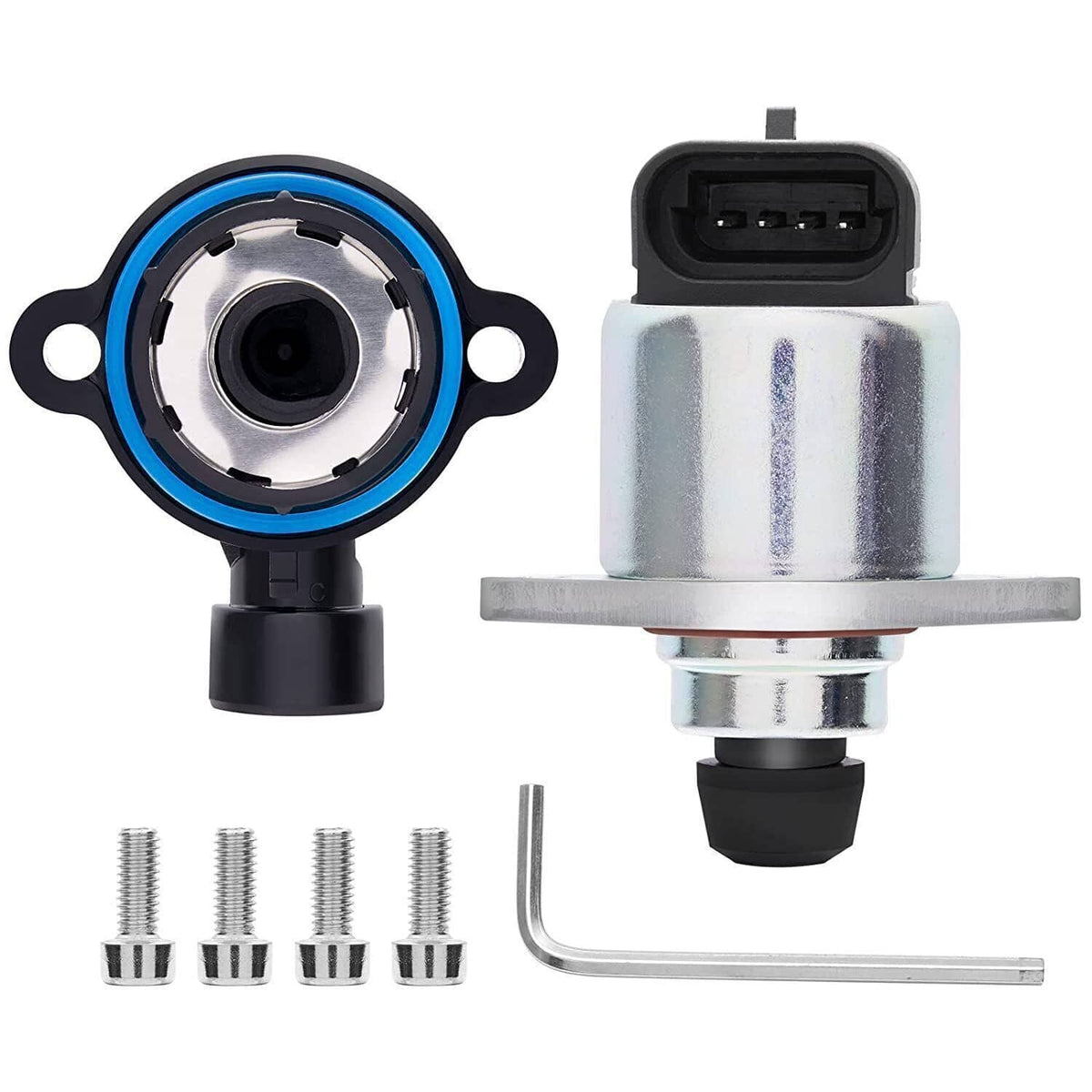 Idle air control valve with blue ring sensor connector, silver housing, and screws