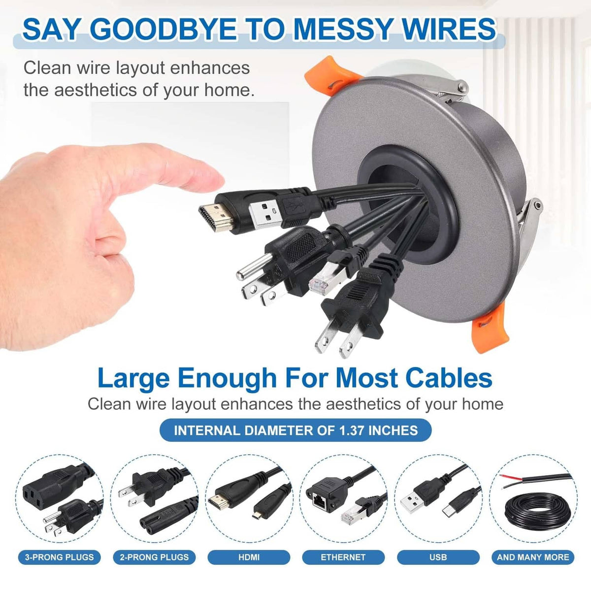 Dark gray spring-lock cable pass-through port with orange clips, open panel for cable routing