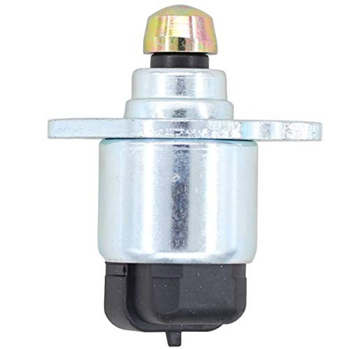 IAC valve with silver body and gold-tinted top cap, with side mounting bar