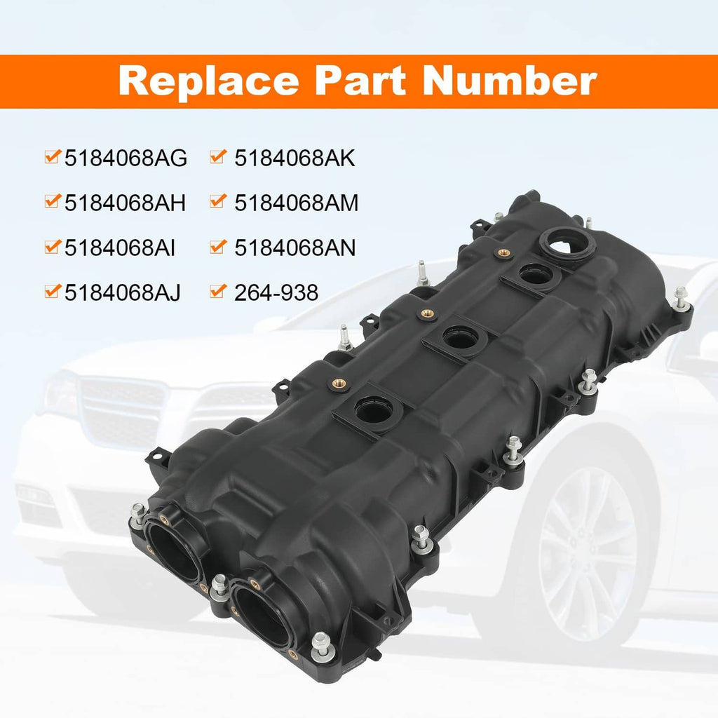 Black engine valve cover assembly with valve openings and bolt studs