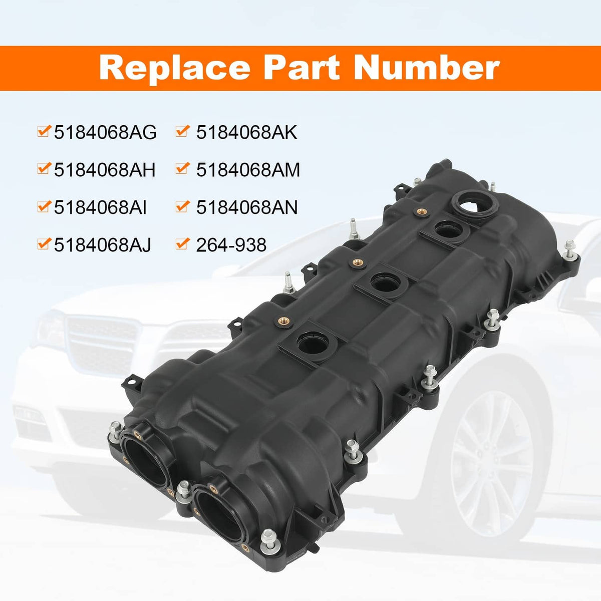 Black engine valve cover assembly with valve openings and bolt studs