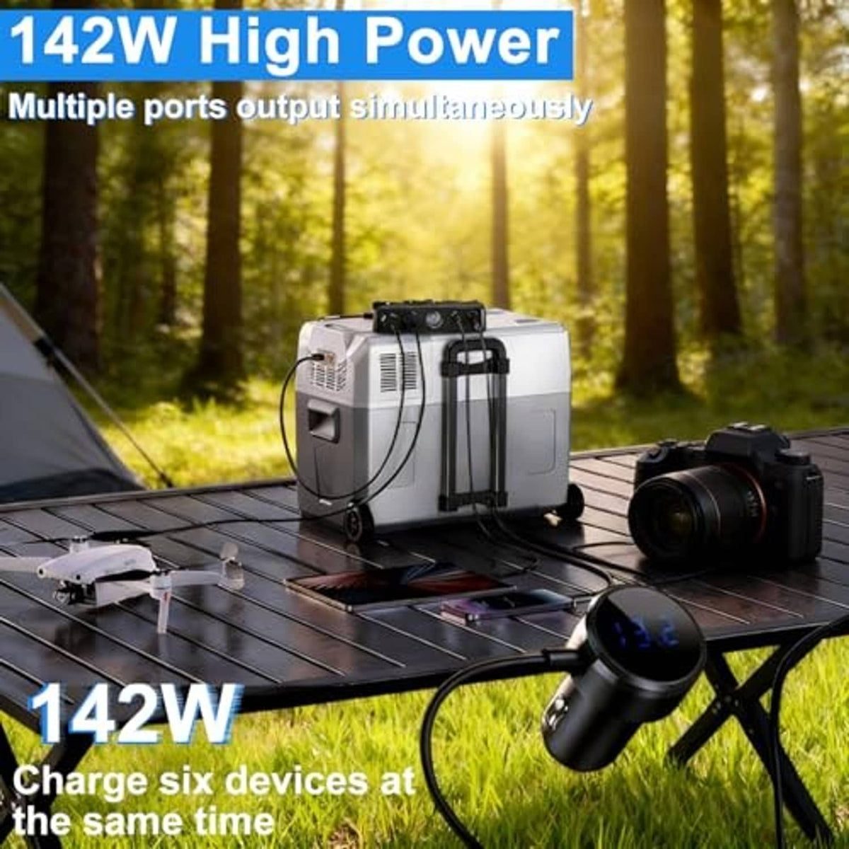 Car power splitter with multiple ports and built-in cable, designed for high-watt output
