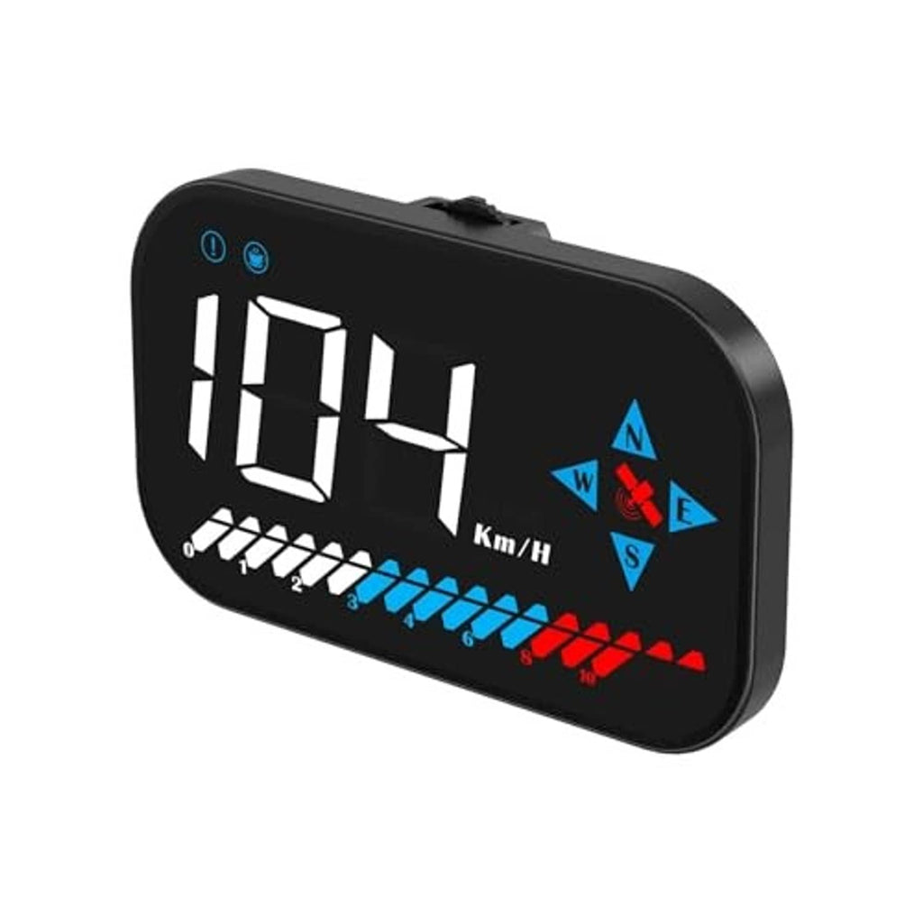 Black car HUD digital speedometer showing 104 km/h with blue/red bar indicators
