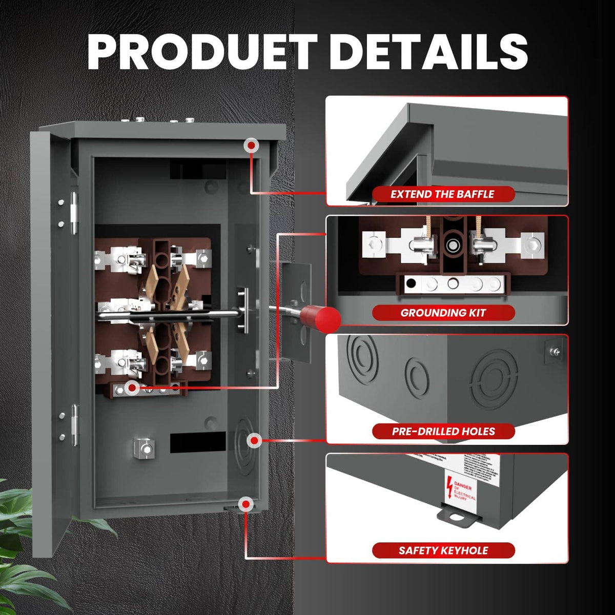Power transfer switch cabinet with internal components, grounding kit, and pre-drilled mounting holes
