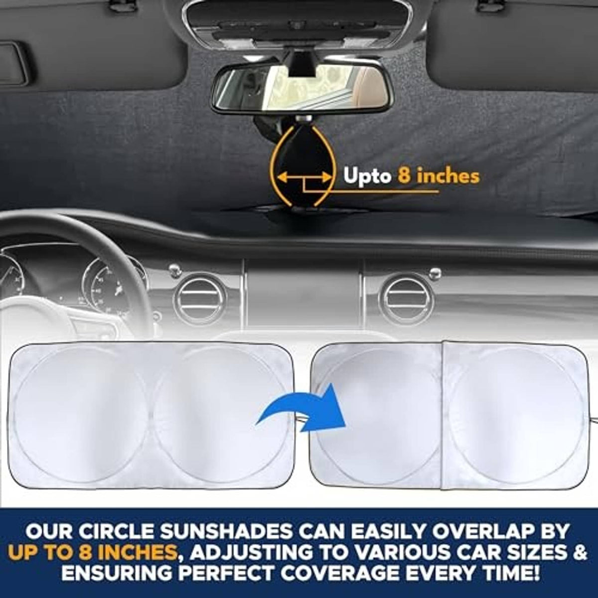 Car windshield sun shade overlap design showing up to 8 inches with two circles