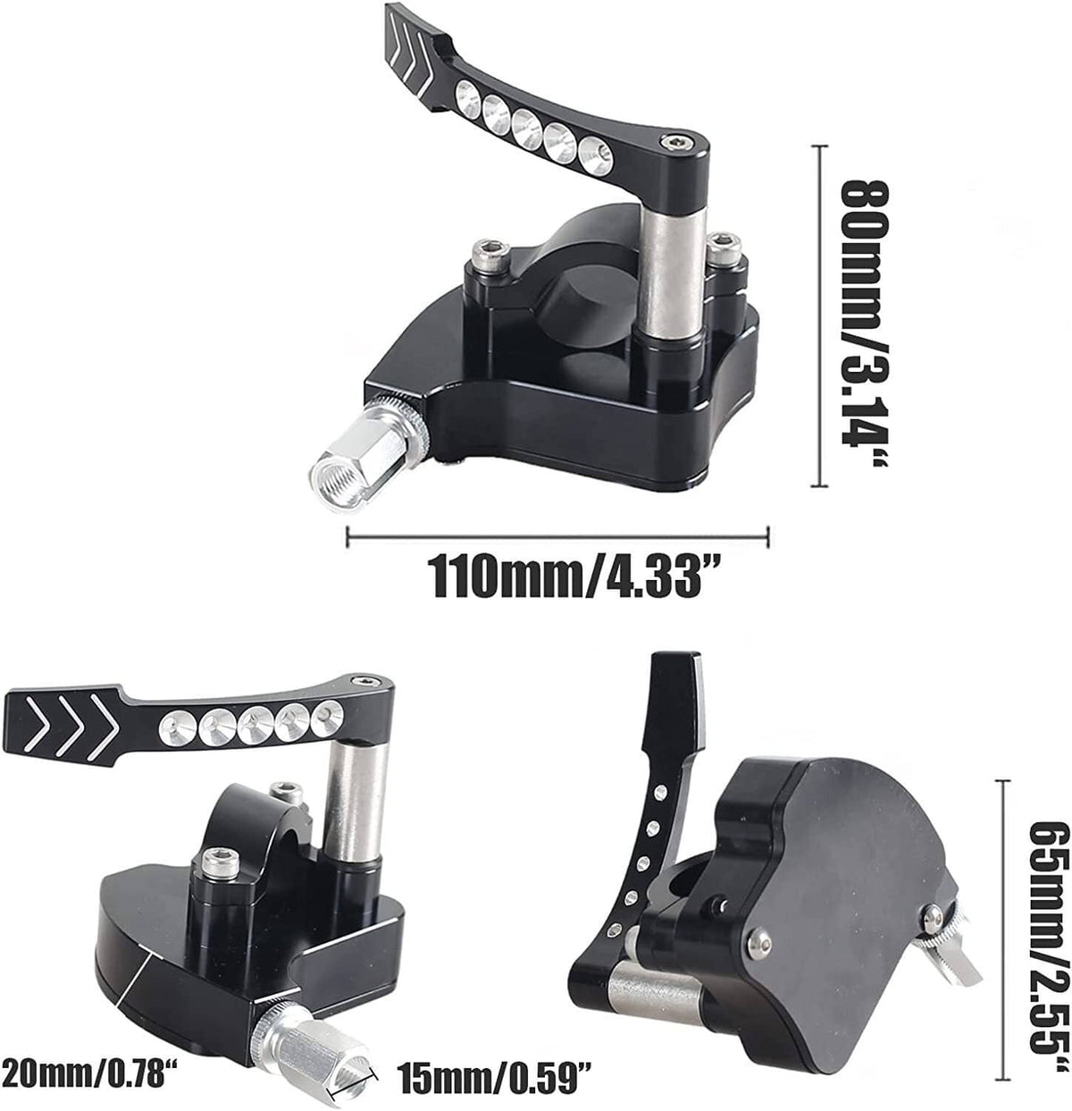 Billet thumb throttle with black base and silver stem, arrow plate, and crystal-look buttons