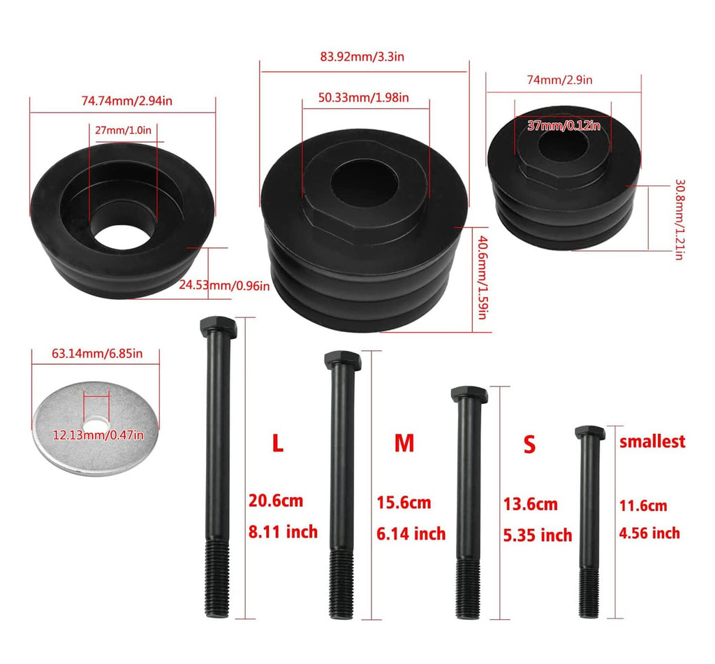 Body cab mount bushing kit size chart with black bushings and steel bolt lengths
