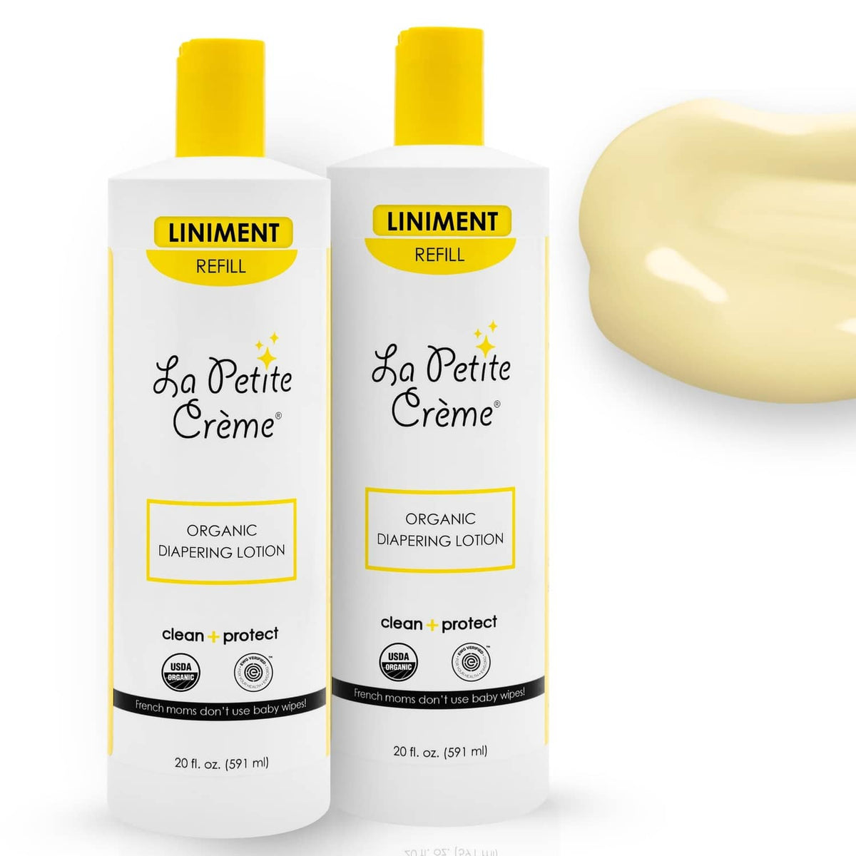 La Petite Creme French diapering lotion bottle, white with yellow pump, 40 fl oz