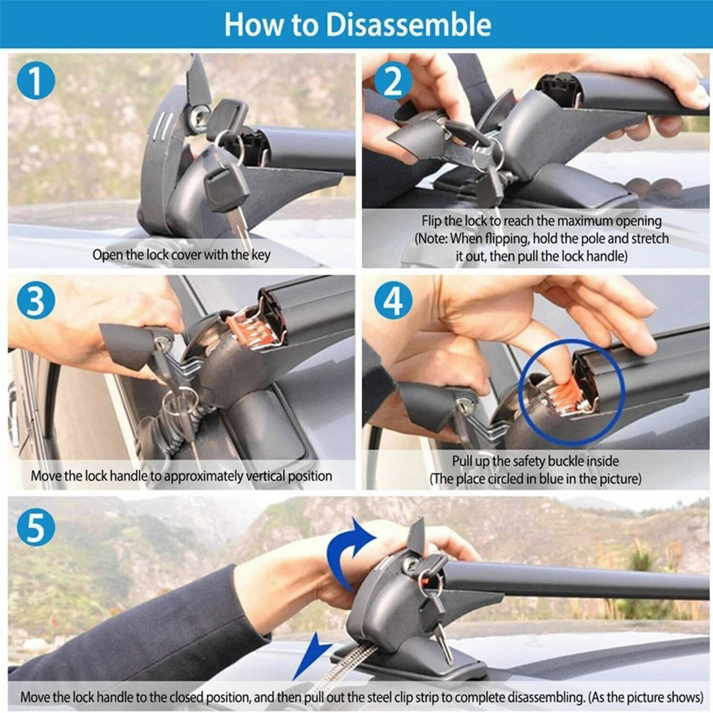 Roof rack crossbar lock mechanism and safety buckle shown on bar