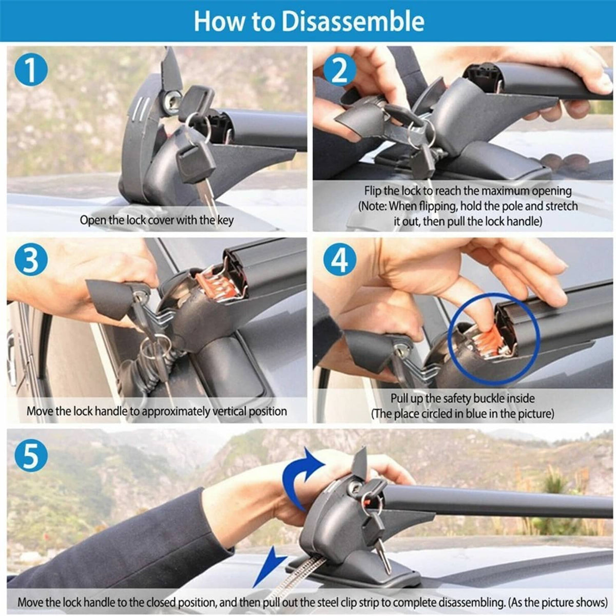 Roof rack crossbar lock mechanism and safety buckle shown on bar