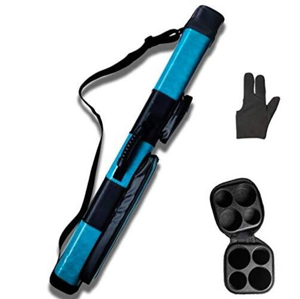 Turquoise hard pool cue case with shoulder strap and black end caps