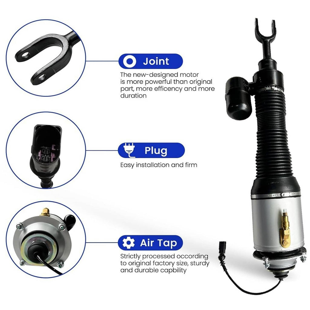 Air suspension shock absorber with black bellows and silver cylinder, plug and joint detail