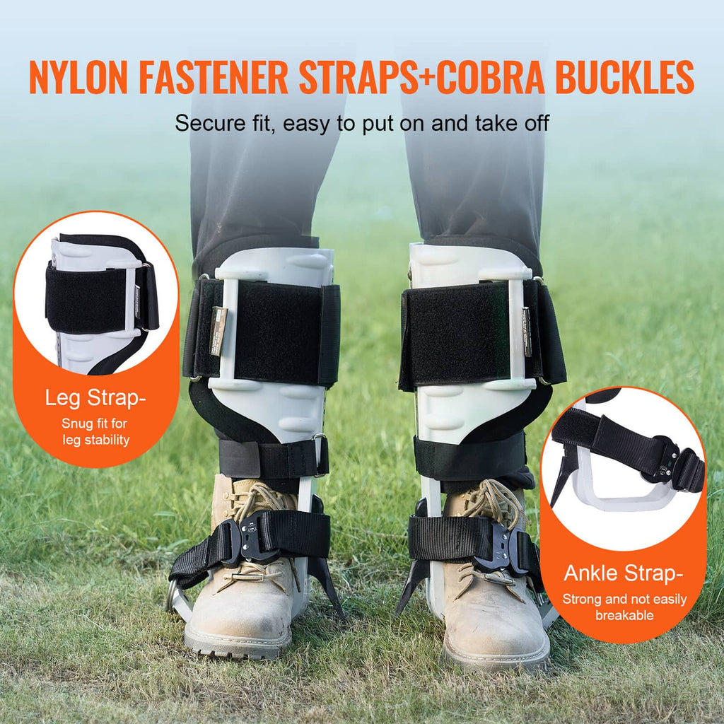 Tree climbing spurs for boots with black ankle and leg straps and metal spike points