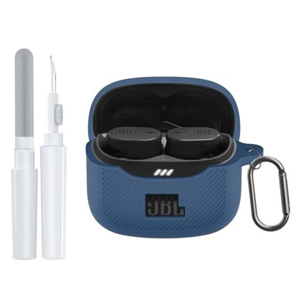 Dark blue silicone earbuds case cover, open lid showing earbuds, JBL logo, carabiner