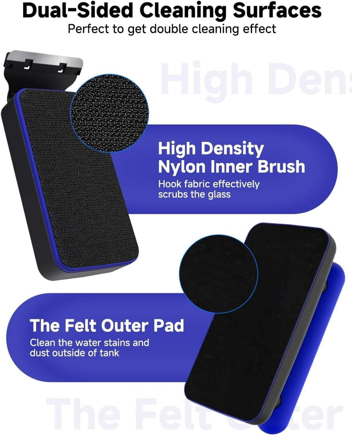 Dual-sided cleaning surfaces: felt pad and nylon inner brush with blue accents