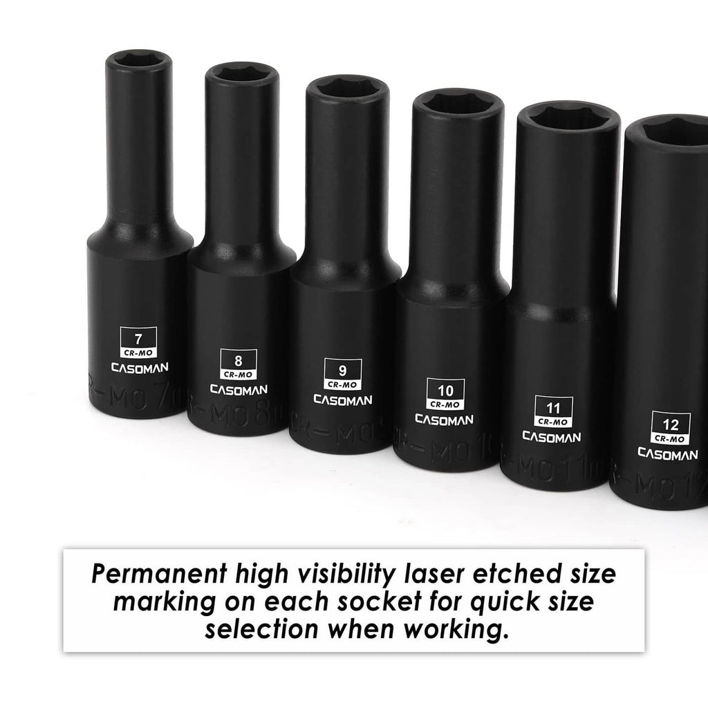 Deep magnetic sockets with size markings, 3/8 in drive, black 7–12 mm