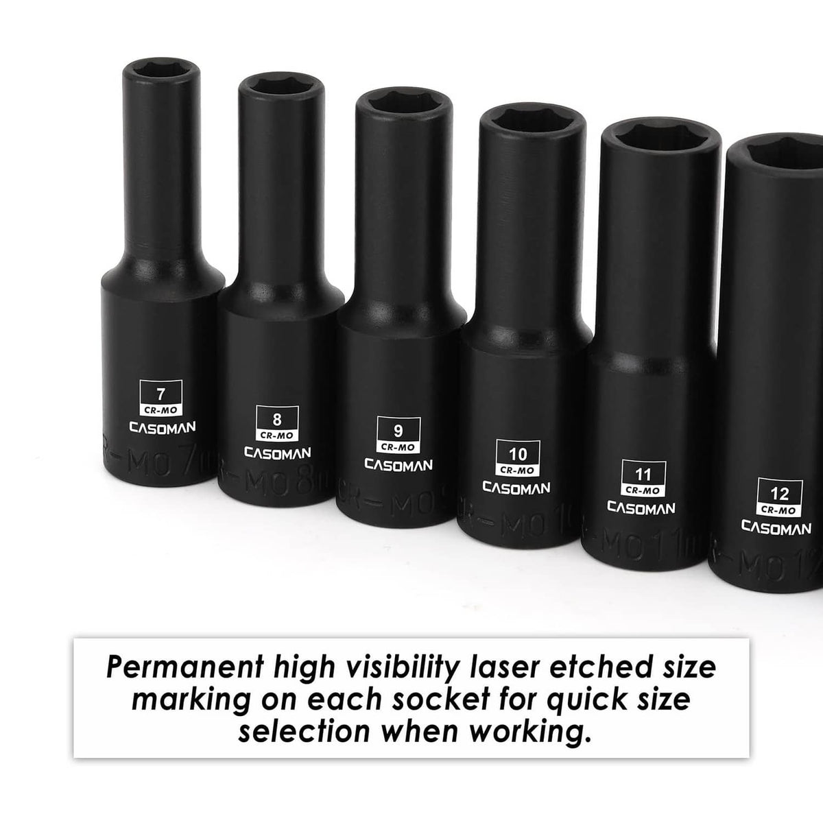 Deep magnetic sockets with size markings, 3/8 in drive, black 7–12 mm