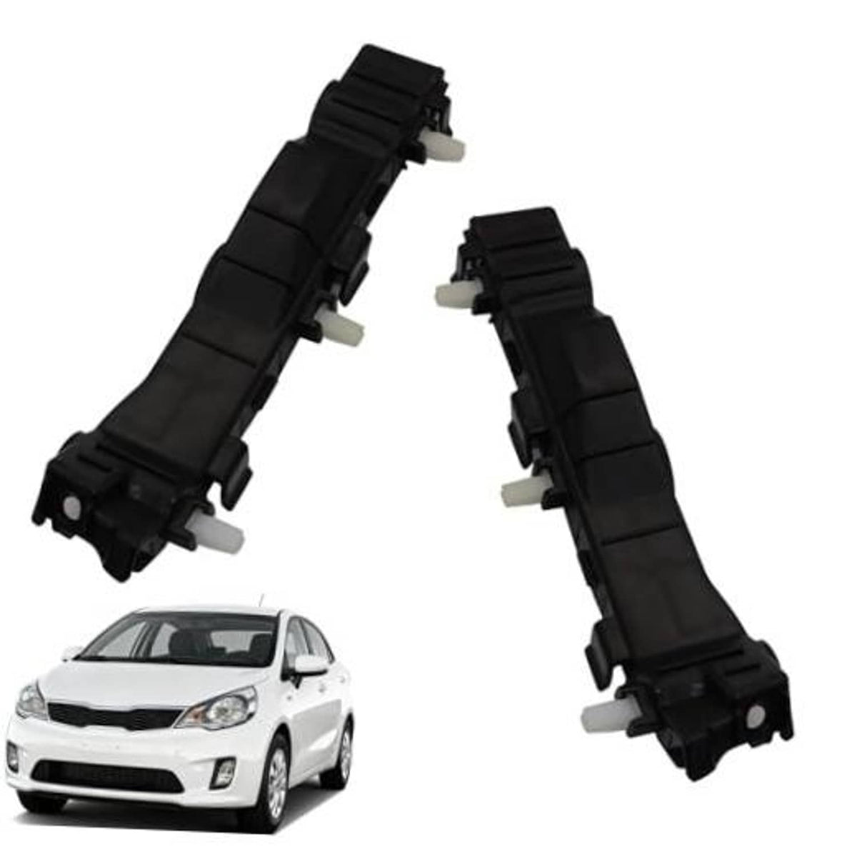 Front bumper support bracket set: two black plastic brackets with white mounting pins