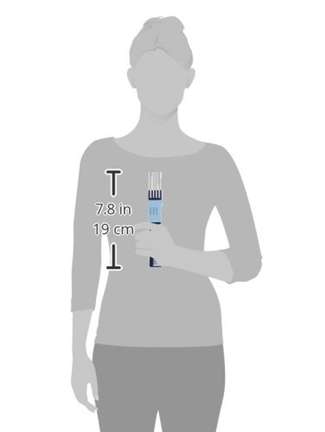 7.8 in blue teasing comb with metal teeth size diagram on a mannequin