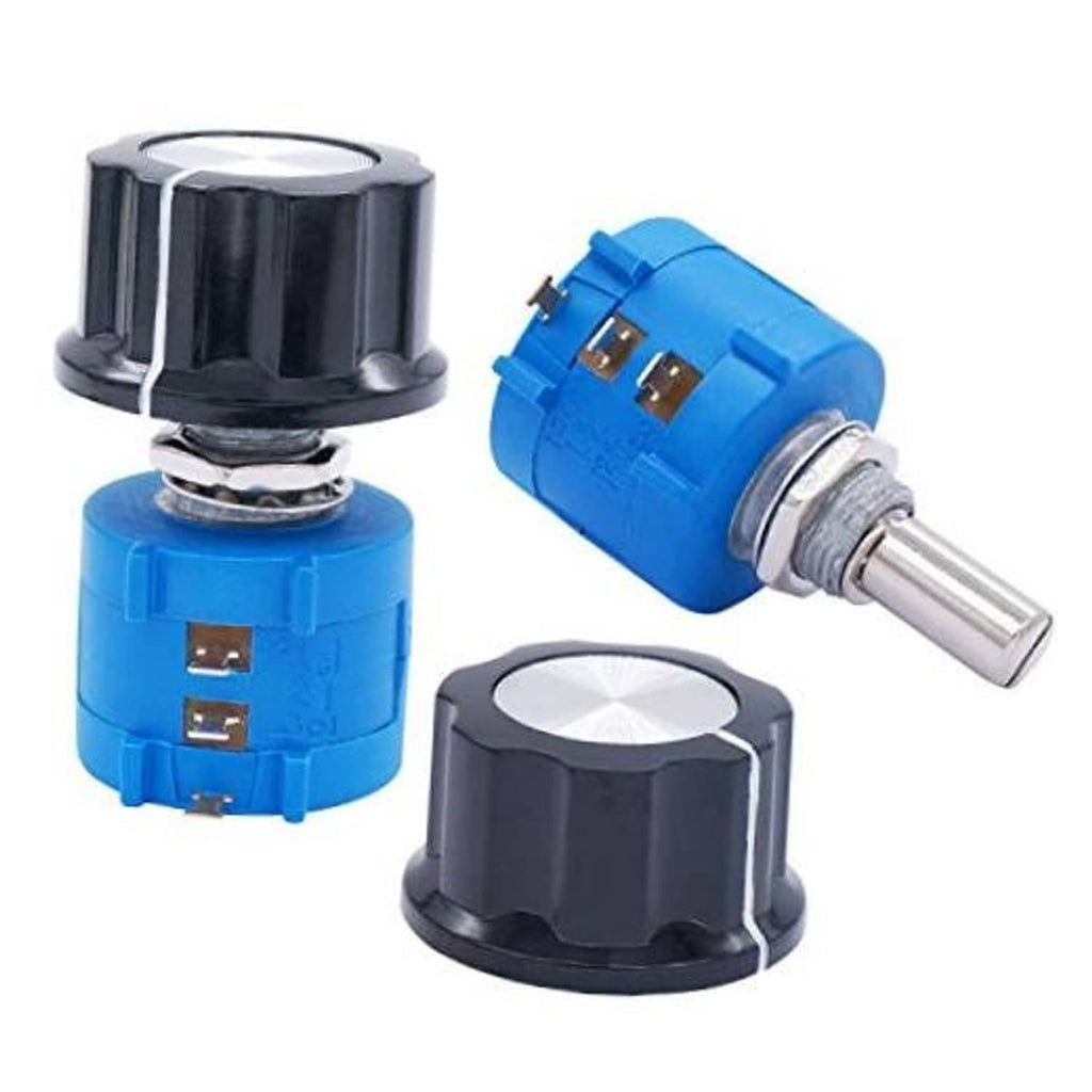 10-turn rotary potentiometer pair: blue and black bodies, metal shaft, 3 pins