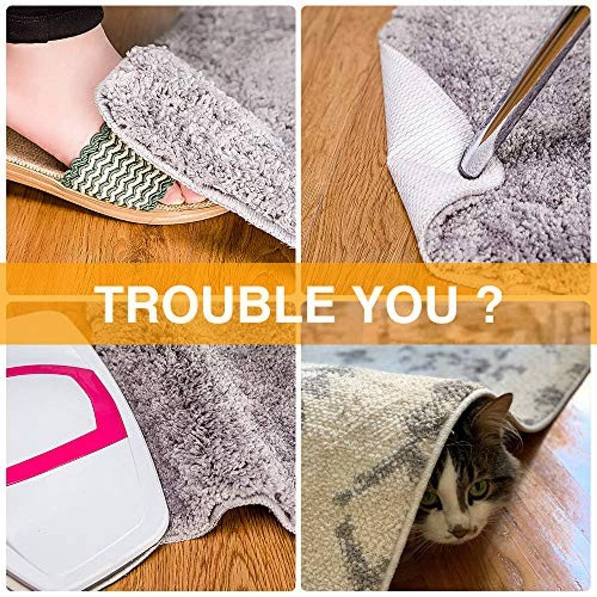 Gray rug pad gripper holding a rug corner on hardwood floor, pictured from above