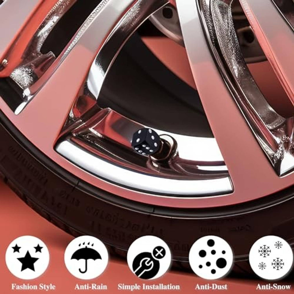Black dice-style tire valve stem cap with silver dot face and threaded end