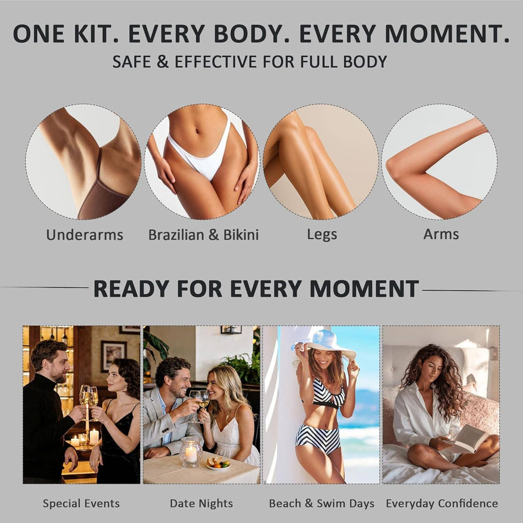 Men's hair removal waxing kit shown for full-body use with wax warmer and accessories