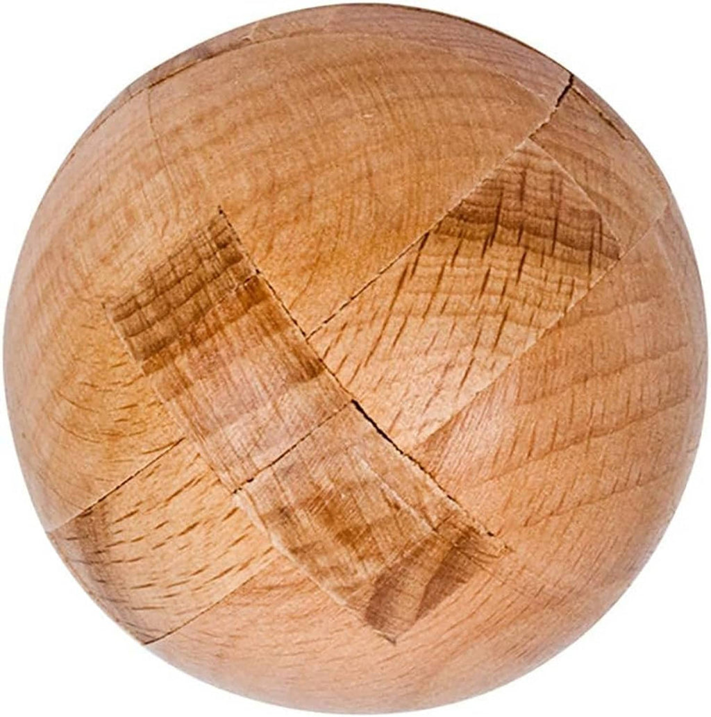 Close-up of a wooden puzzle sphere with carved seams and natural wood grain