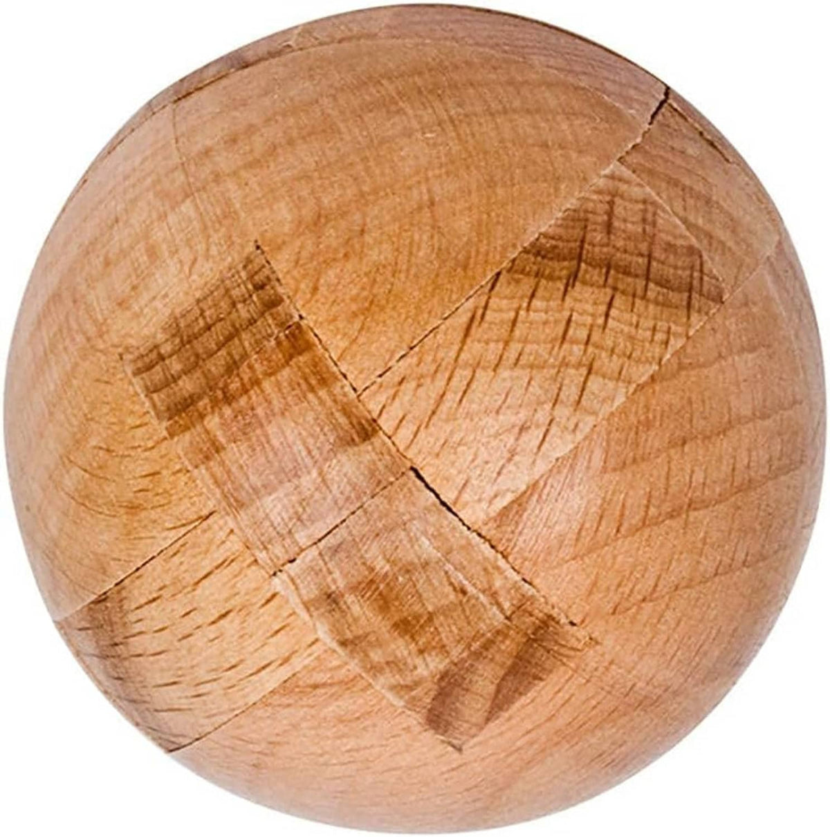 Close-up of a wooden puzzle sphere with carved seams and natural wood grain