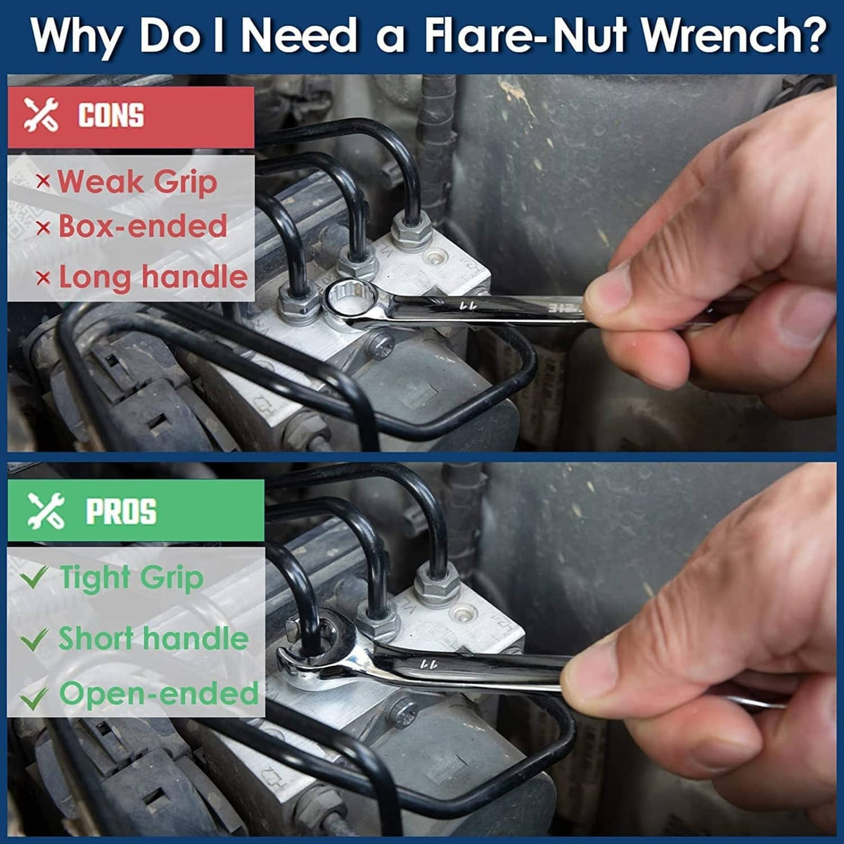 Flare-nut wrench comparison graphic showing offset open-ended use with a gloved hand.