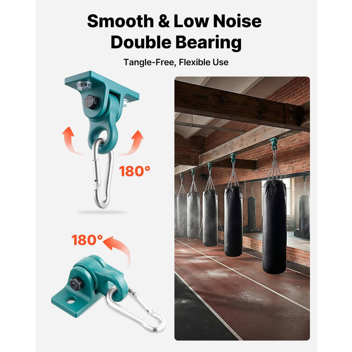 Teal swing hanger bracket with double bearing hook, shown from two angles