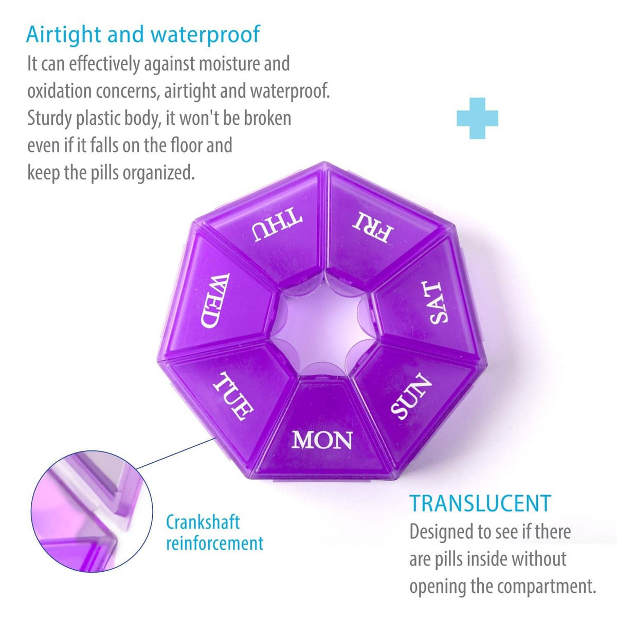Purple airtight pillbox with 7 day labels on clear-lidded compartments