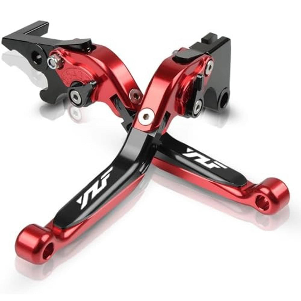 Red adjustable motorcycle brake and clutch levers with black folding arms