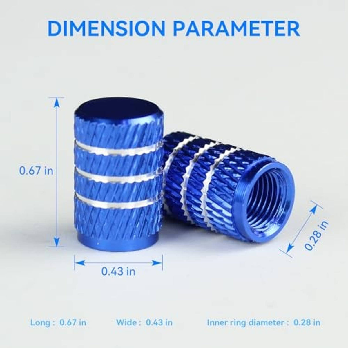 Blue tire valve stem caps with dimensions shown; knurled diamond grip