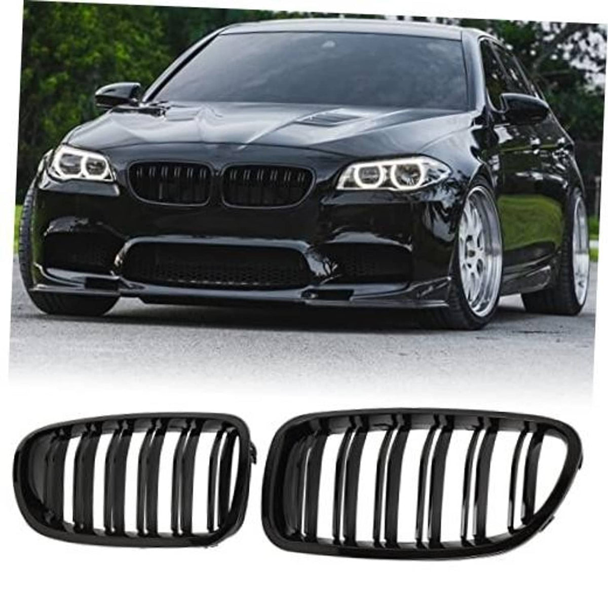 Gloss black double-slat front kidney grille insert, two-piece set