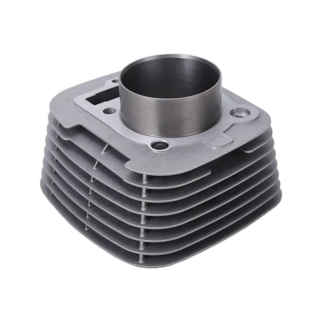 Metal cylinder with cooling fins and open gasket ports for top end kit