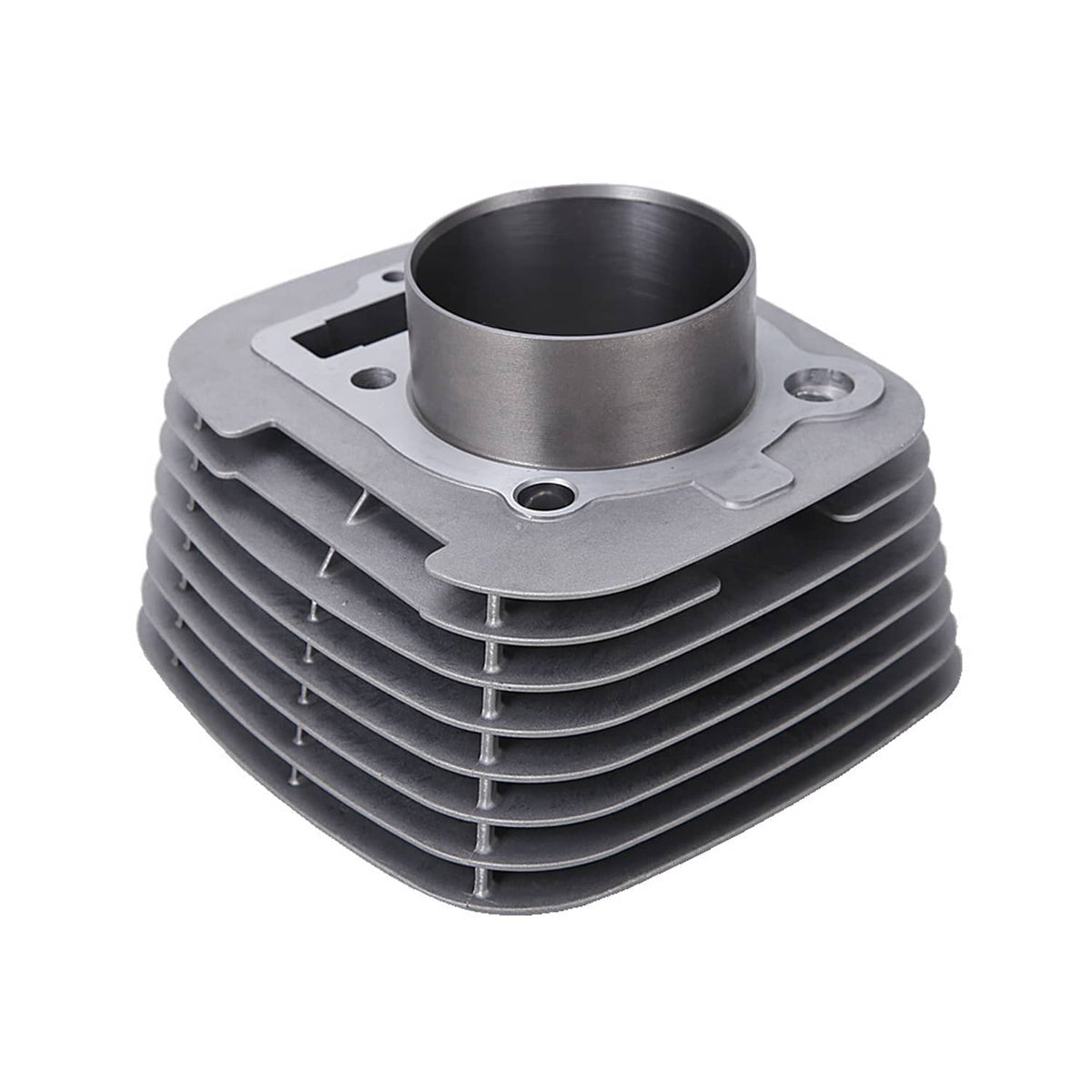 Metal cylinder with cooling fins and open gasket ports for top end kit