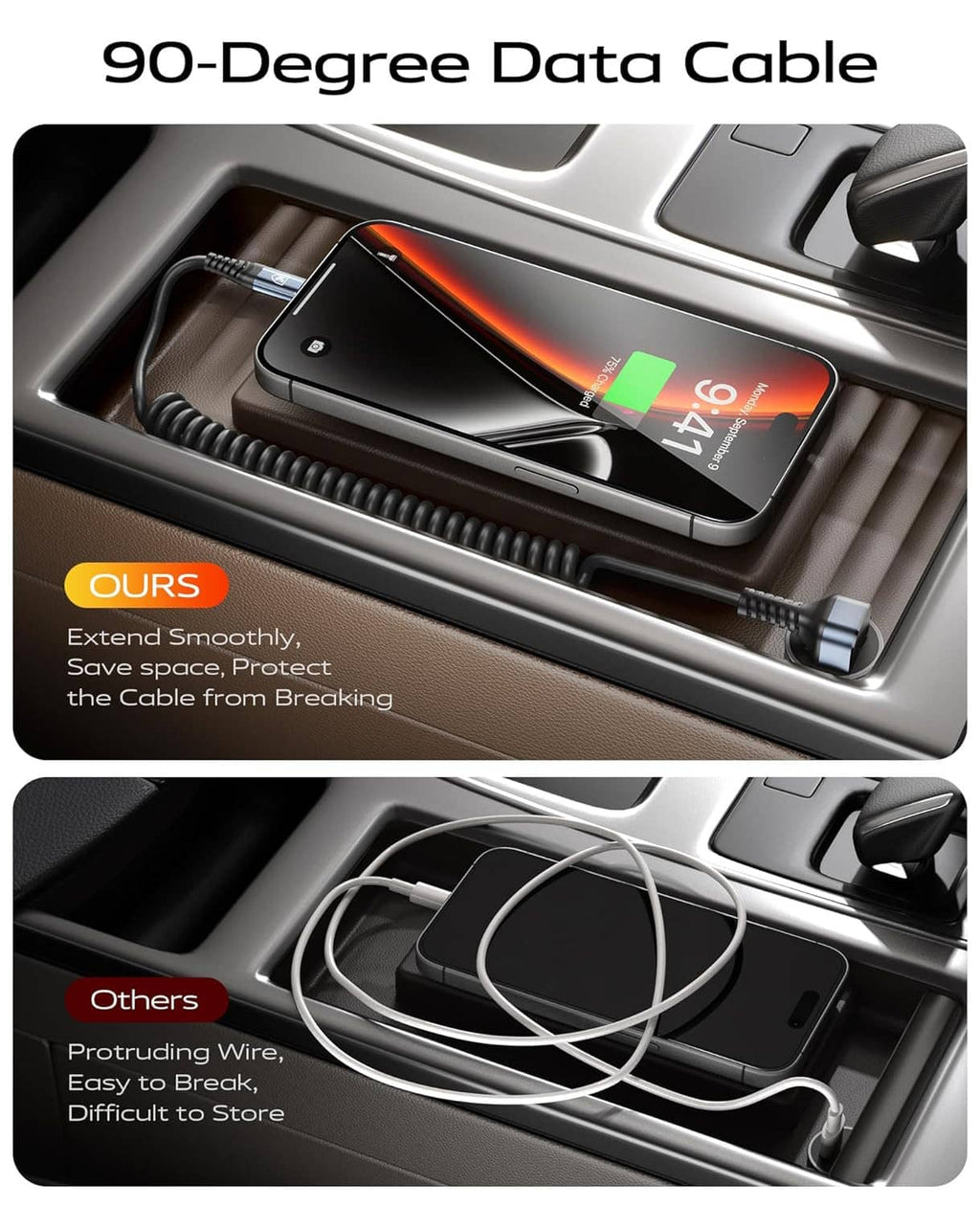 Coiled 90-degree USB-A to USB-C data cable, black, in center console
