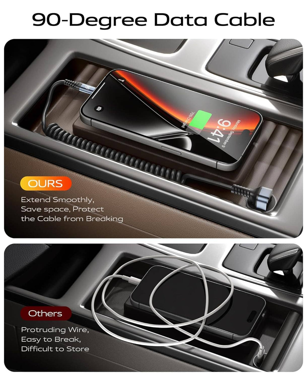 Coiled 90-degree USB-A to USB-C data cable, black, in center console